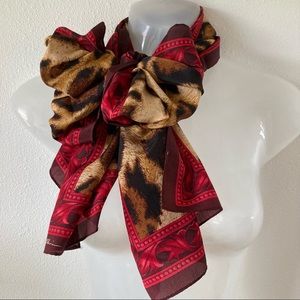 Vintage Ann Klein Silk Scarf Animal Leopard Print Red Burgundy
